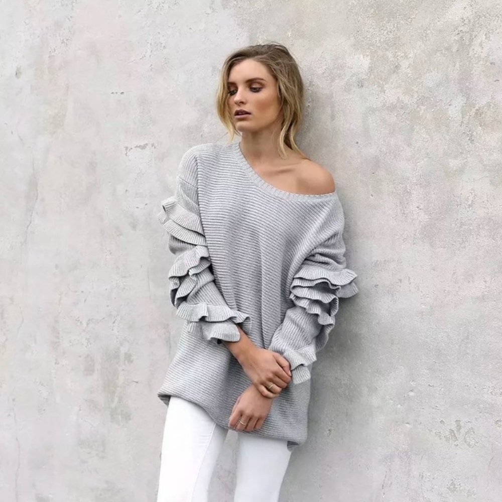 Gray Ruffled Sleeve Knit One Size Sweater - Picture 2 of 8